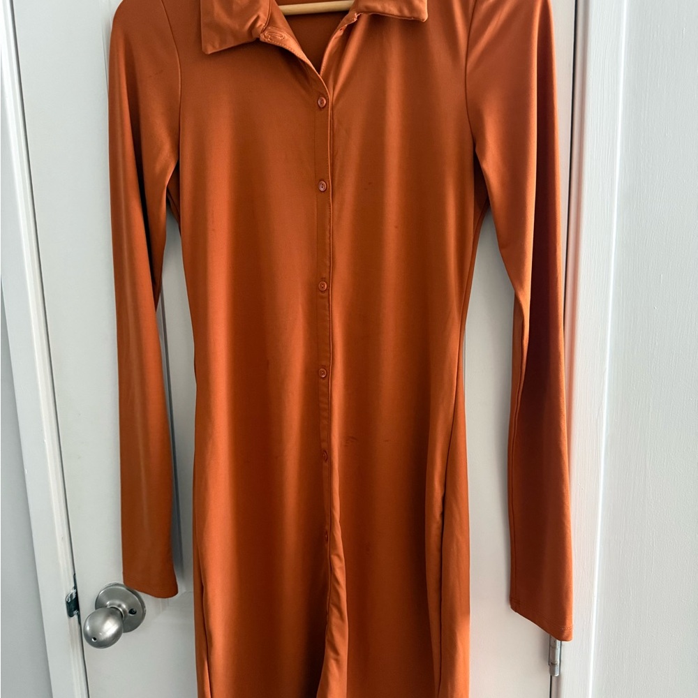 Abercrombie & Fitch Rust Colored MIDI Button Up Dress Officewear Monochrome